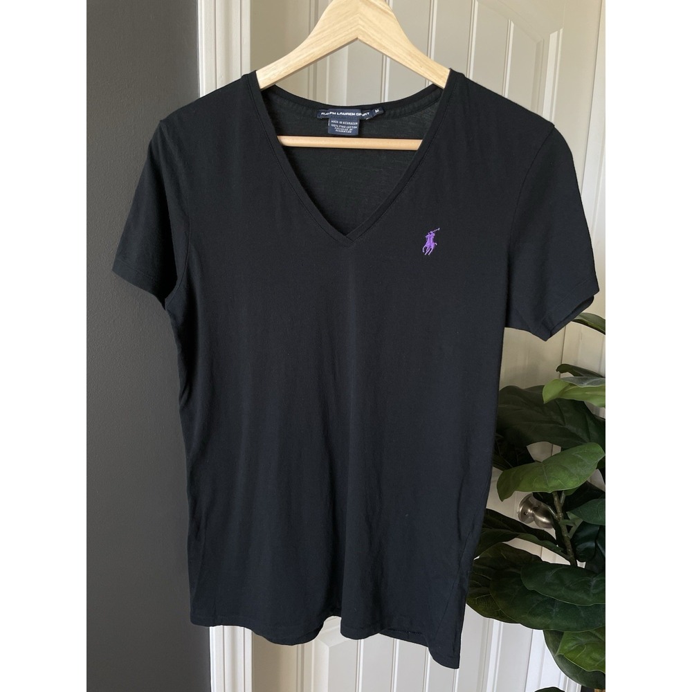 Vtg 90s Ralph Lauren Sport Single Stitch Women's M Black V-Neck Tee Shirt *Read*